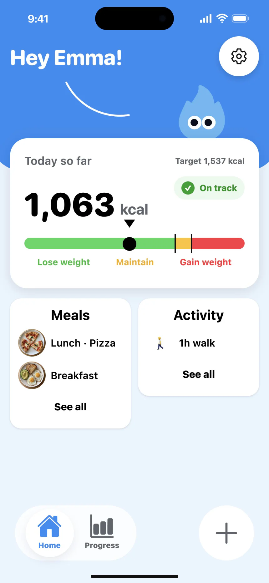 Momio Home: Emma's meals, a one-hour walk, and today's weight direction.